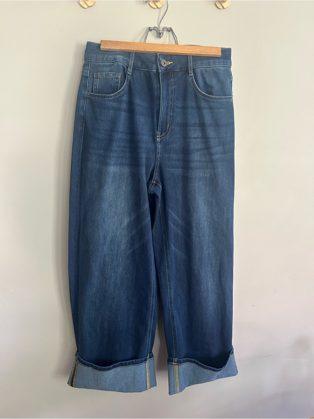 HALARA Flex High Waisted Wide Leg Rolled Hem Jeans- Knit Denim, Small Petite - Picture 5 of 12